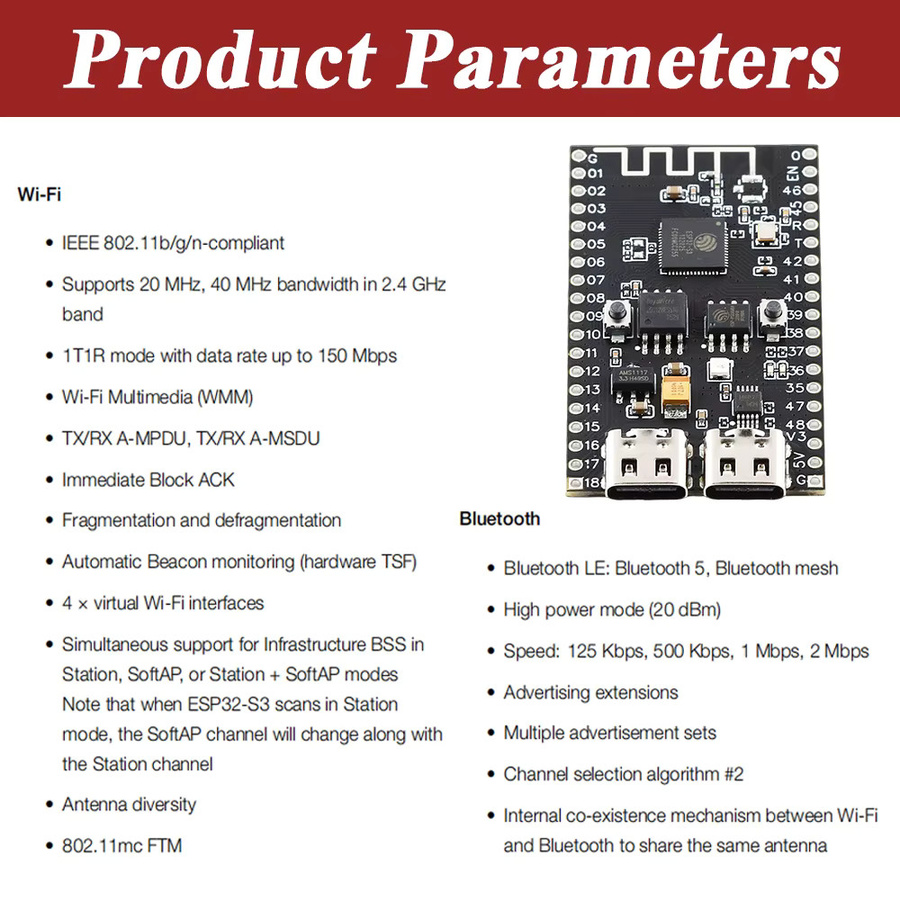 ESP32-S3 N16R8 Entwicklungsboard mit 16MB Flash, 8MB PSRAM, WS2812 LED und USB-C Anschluss in Schwarz - Bild 3