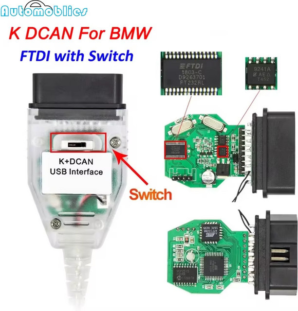 JFIND OBD2 K-Linie Diagnosekabel für BMW mit FT232RL Chip und Schalter, Farbe: Weiß - Bild 1