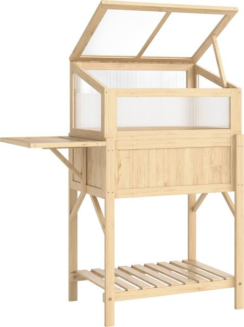Aosom Outsunny Hochbeet mit Frühbeetaufsatz aus Holz und Polycarbonat in Naturholz, Pflanzkasten mit Gewächshaus, klappbarem Seitentisch und Ablagefach für Garten, Balkon und Terrasse, B/T/H: 104 x 50 x 120 cm - Bild 1