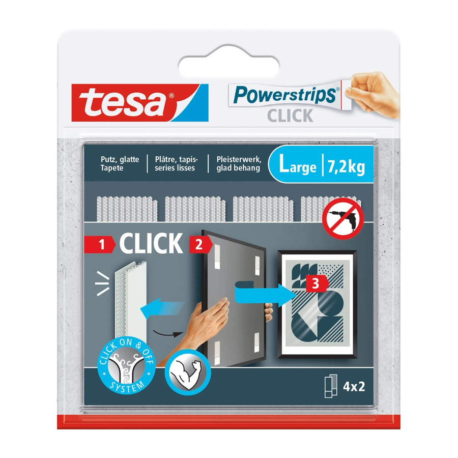 Tesa Powerstrips CLICK Large selbstklebende Doppelstreifen in Weiß, 4 x 2 Stück, für flache Wanddeko, Belastbarkeit bis 7,2 kg, Breite: 20 mm, Länge: 85 mm - Bild 2