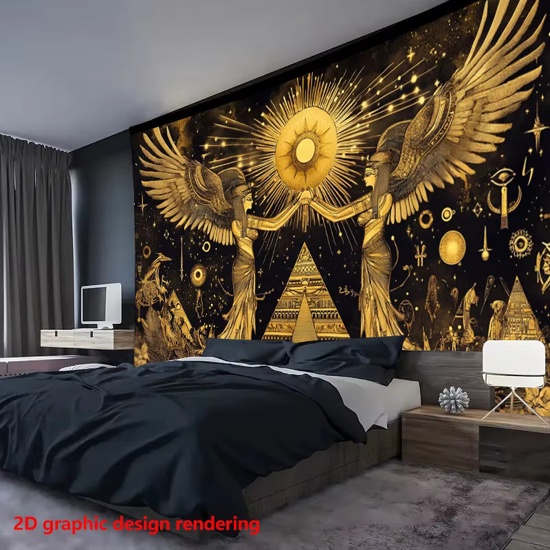 VIKAMA Wandteppich mit ägyptischer Göttin in Schwarz und Gold, Retro-Design mit Pyramide und Sonnengott-Motiv - Bild 4