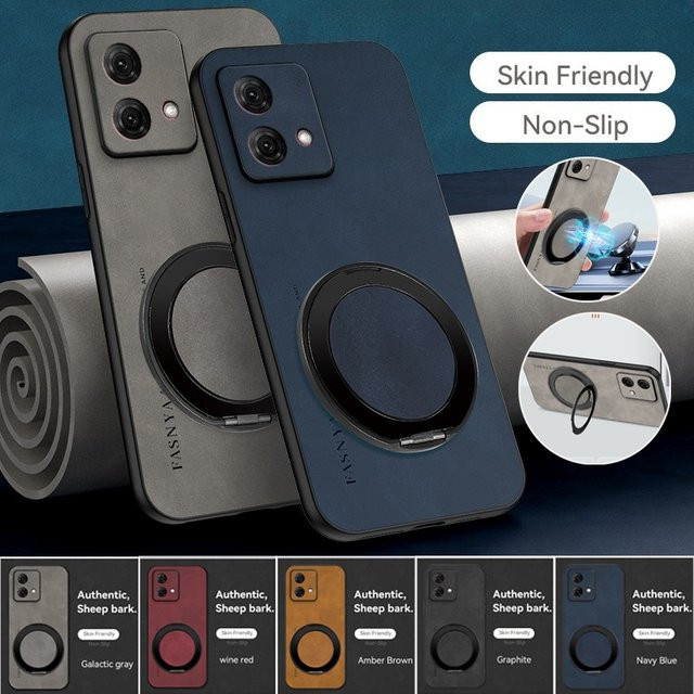 EUCAGR Luxus Handyhülle aus Schaffell und PU Leder für Motorola Moto G84 G54 G22 G24 G14 in Braun mit Standfunktion und stoßfestem TPU-Gehäuse - Bild 1