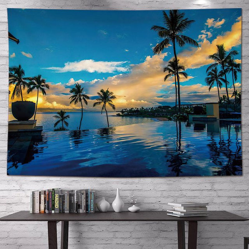 VIKAMA Wandteppich Kokospalme in Blau, Maritimes Strandmotiv als Wanddekoration, B/H: 100 x 70 cm - Bild 1