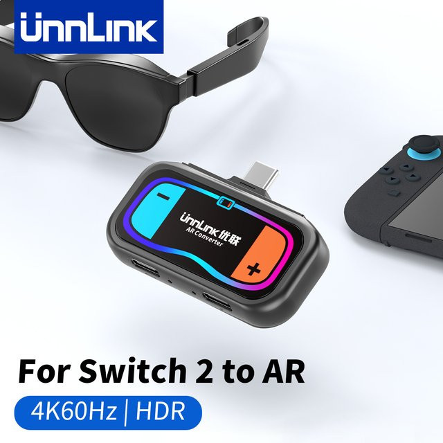 Unnlink USB-C Adapter für AR-Brillen und Nintendo Switch 2 mit Ladefunktion, 4K@60Hz und HDR, Schwarz - Bild 1