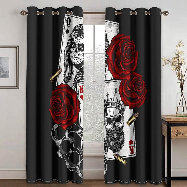 2er-Set Verdunkelungsvorhänge mit 3D Rose-Schädel-Design in Schwarz inklusive Haken, ideal für Wohnzimmer und Schlafzimmer, Breite: 100 cm, Höhe: 130 cm - Bild 1