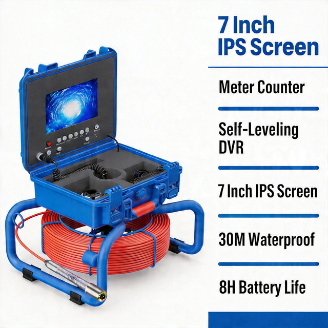 7 Zoll Kanalkamera mit 20m Glasfaserkabel und 512Hz Ortungsgerät, selbstnivellierendes 1080P Endoskop mit DVR-Monitor und 16GB Speicher, Farbe: Blau - Bild 1