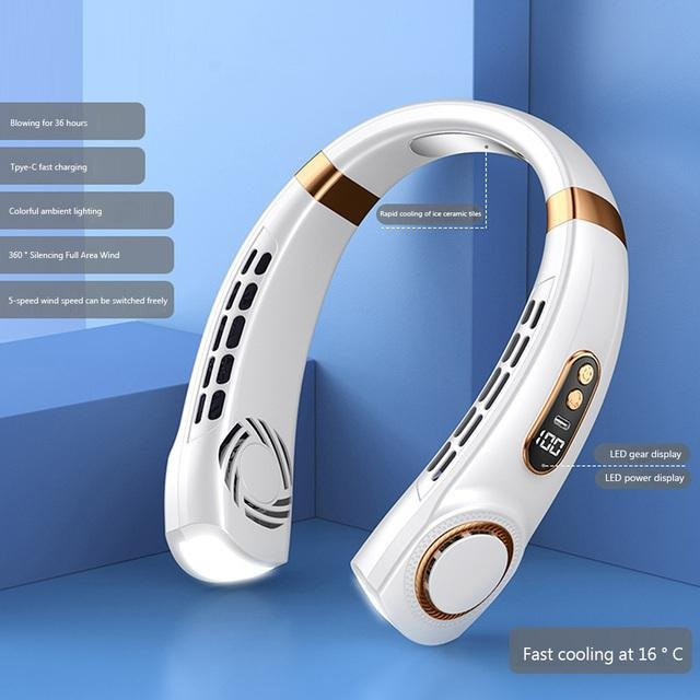 Tragbarer Halsventilator der 2. Generation von Aloisia in Weiß mit Eiskeramik-Technologie, 5 Geschwindigkeiten, LED-Digitalanzeige und integrierter Taschenlampe - Bild 1
