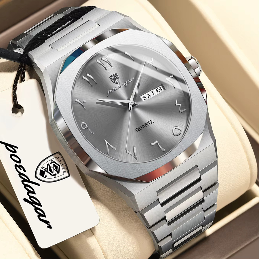 POEDAGAR Armbanduhr, Quarz, Edelstahl, Silber, Herren, Wochentag, Datum - Bild 2