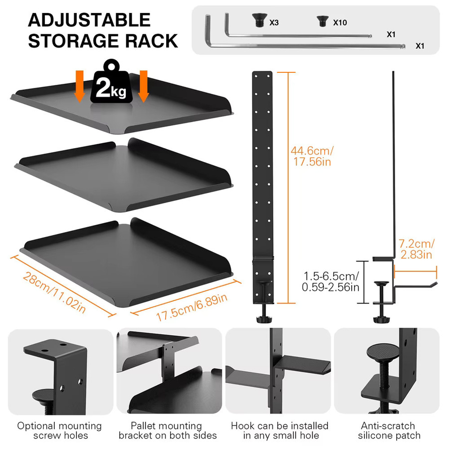HGTUGO 3-lagiges Schreibtisch-Aufbewahrungsregal aus Metall in Schwarz zum Anklemmen mit verstellbarem Seitenregal und rutschfester Ablage - Bild 4