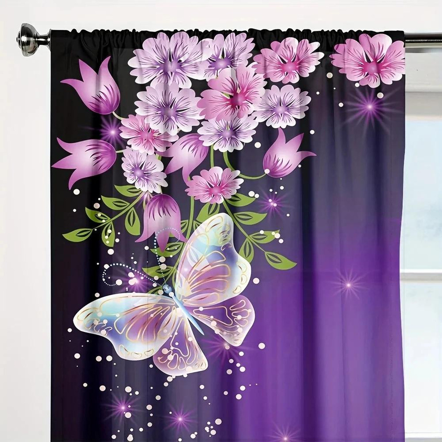 2er-Set Yiran Furniture Vorhänge mit Rose und Schmetterling in Lila, transparentes Polyester, B/H: 60 x 50 cm - Bild 1