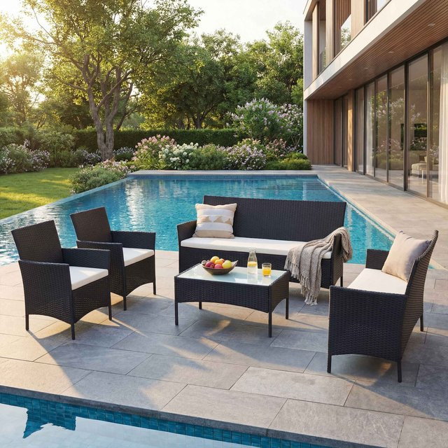 MCW Poly-Rattan Garten-Garnitur Hamar Lounge-Set in Anthrazit mit beigen Sitzkissen - Bild 1