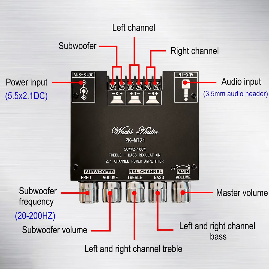 WOOPKER ZK-MT21 2.1-Kanal Bluetooth 5.0 Digitaler Leistungsverstärker mit Subwoofer, 2x50W+100W, Schwarz - Bild 2