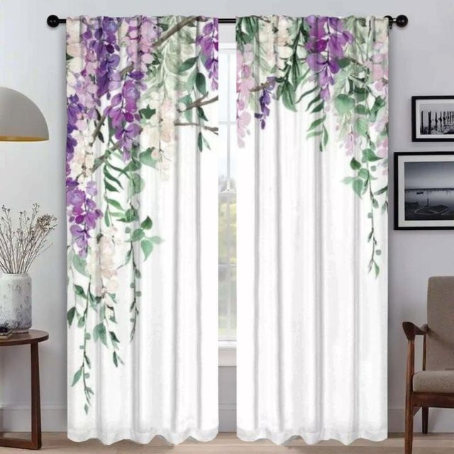 Tonnika Chen Blumen Zimmer Vorhänge aus Tüll in Weiß, Verdunkelnde Fensterdekoration für Schlafzimmer und Wohnräume, B: 100 cm, H: 130 cm, 2er-Set - Bild 1