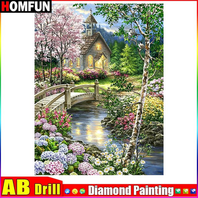 Homfun Diamond Painting Wanddekoration Hausbaum Brücke Ansicht mit quadratischen oder runden Bohrern in Mehrfarbig - Bild 1