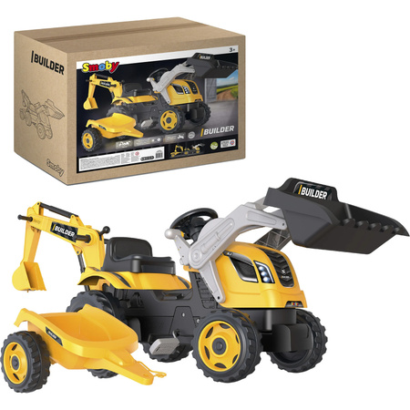 Smoby Traktor Builder Max mit Anhänger Kinderfahrzeug Baustelle Set, Gelb, ab 3 Jahren, max. Belastung: 25 kg