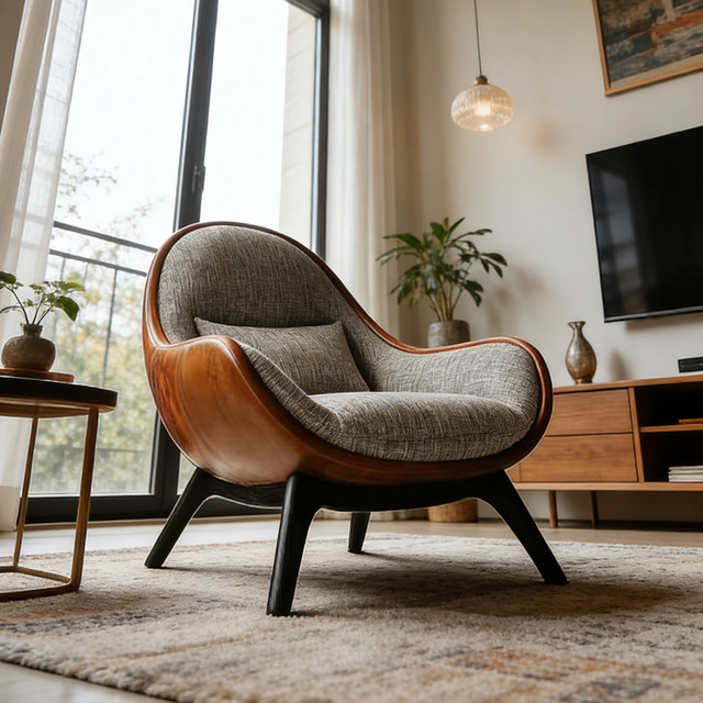 klNordic Loungesessel im skandinavischen Stil mit Massivholzrahmen und grauer Stoffpolsterung - Bild 1