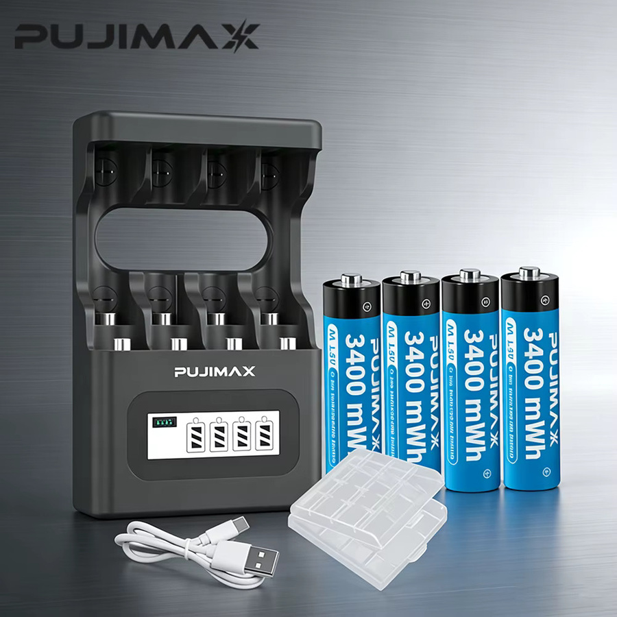 PUJIMAX Lithium-Ionen-Akku Set mit Ladegerät: AA 1,5 V 3400 mWh und AAA 1100 mWh für Radiowecker, Videospiele und Digitalkameras - Bild 2