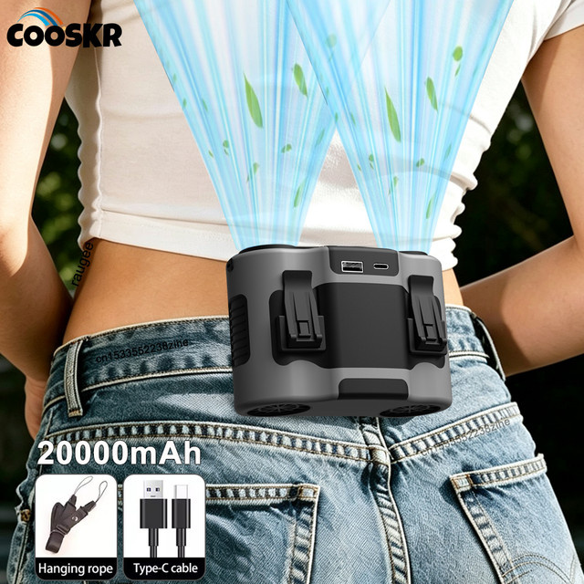 Tragbarer Taillenclip-Ventilator von raugee in Schwarz mit 20000mAh Akku, 5 Geschwindigkeiten und Powerbank-Funktion für Outdoor, Arbeit und Camping - Bild 1