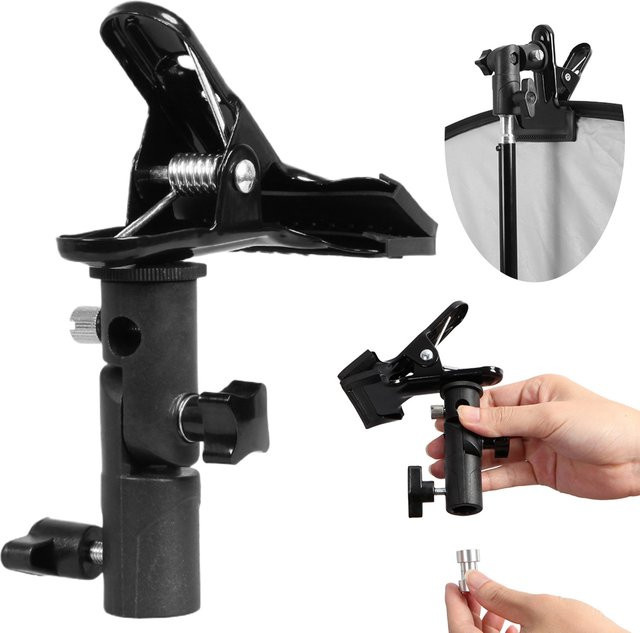 MOJOYCE Reflektor-Klemm-Clip-Halter in Schwarz mit 1/4 Zoll auf 3/8 Zoll Schraubmontage als drehbarer Adapter für Fotostudio-Reflektoren und Hintergründe - Bild 1
