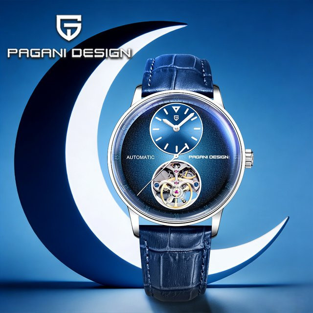 Pagani Design Armbanduhr, Automatik, Edelstahl, Leder, Blau, Herren - Bild 1