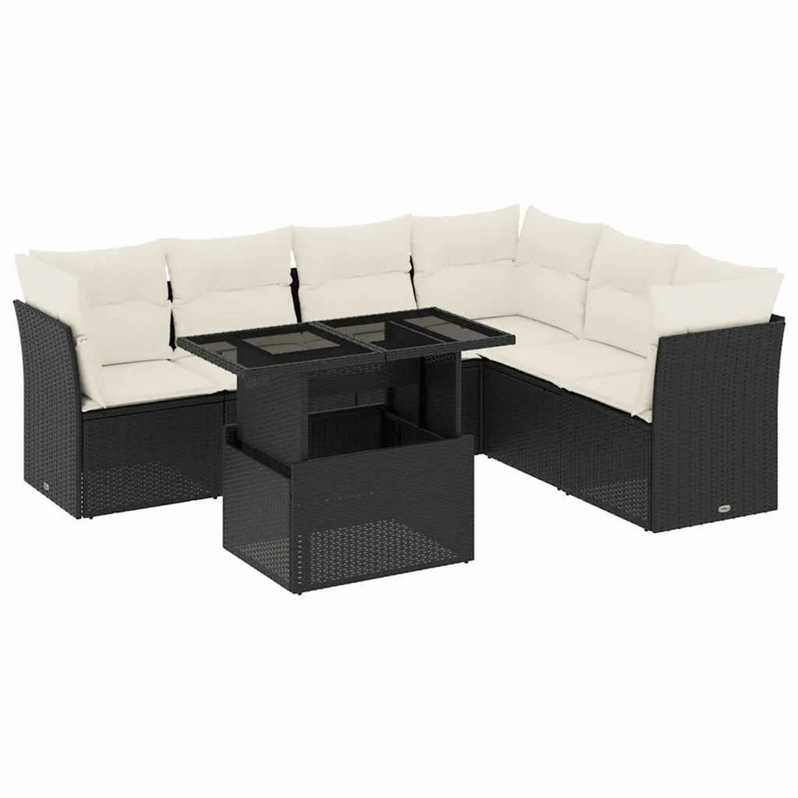 vidaXL 7-teilige Garten-Sofagarnitur in L-Form aus Poly-Rattan mit Kissen in Schwarz und Cremeweiß - Bild 2