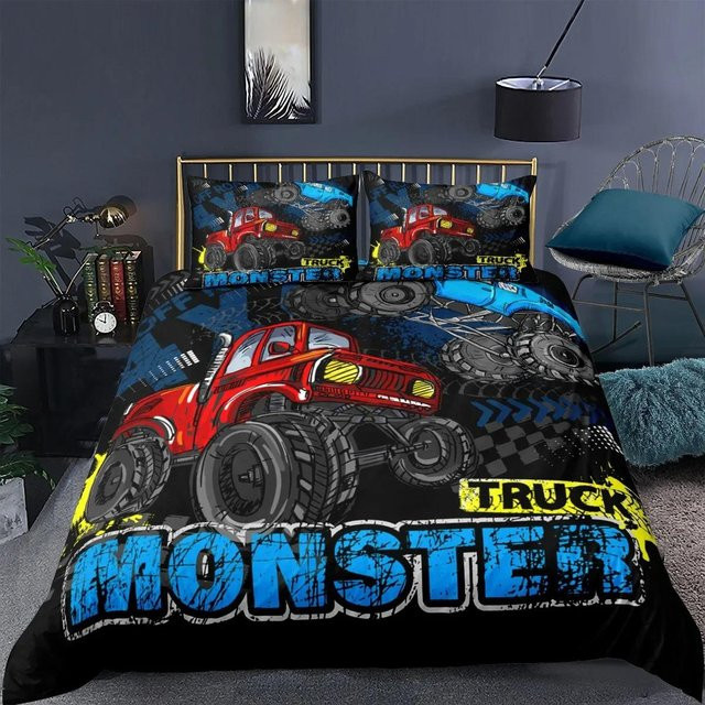 Bettwäscheset für Kinder von Binchi Outdoor Product mit Traktor und Monster Truck Muster, 2-teiliges Set aus Microfaser in Schwarz, Breite: 70 cm, Länge: 133 cm - Bild 1