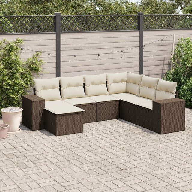 vidaXL 7-tlg. Garten-Sitzgruppe aus Polyrattan in L-Form mit Kissen, Braun - Bild 3