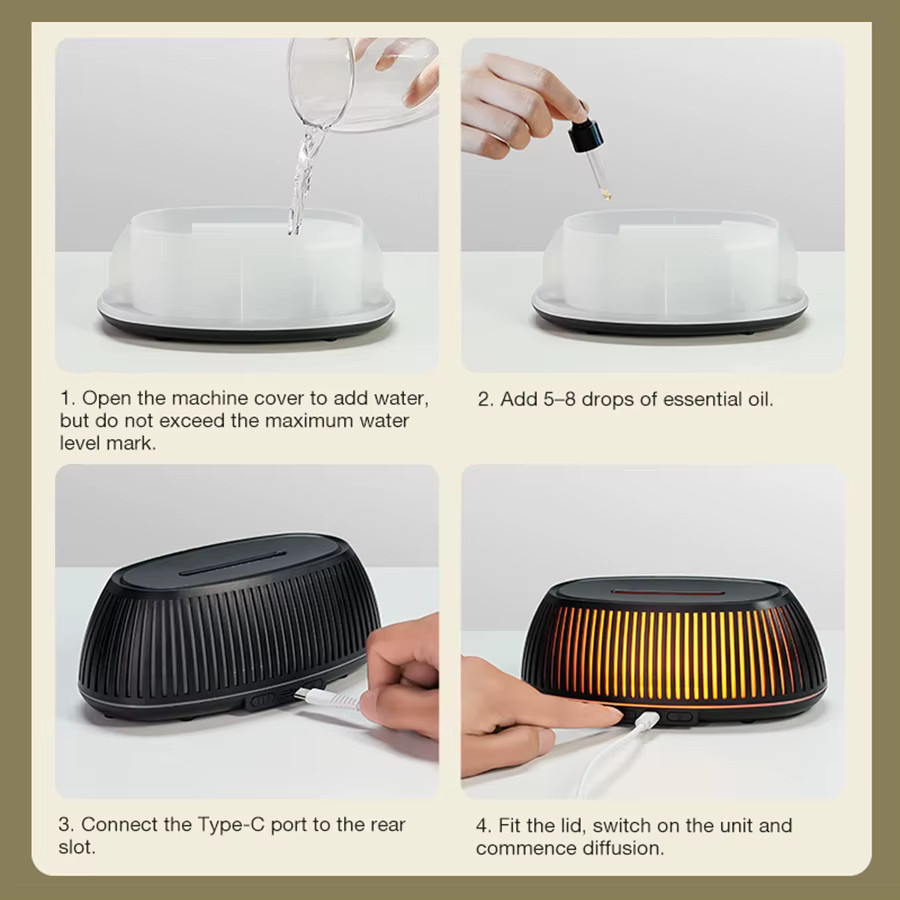 HAOYUNMA Aroma-Diffusor mit Flammeneffekt und 3D Farblicht, Mini-USB-Luftbefeuchter in Schwarz - Bild 5