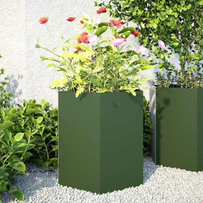 Vidaxl Garten-Pflanzgefäße 2er-Set aus Stahl in Olivgrün, Sechseckig, B/T/H: 46 x 40 x 45 cm - Bild 1