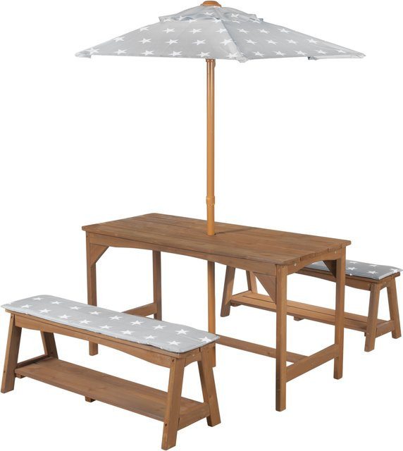 Roba Kindersitzgruppe Little Stars aus Massivholz mit Sitzauflage und Schirm in Teakholz Natur - Bild 1