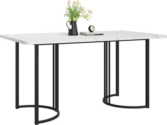 Moderner Esstisch mit Marmor-Muster und Metallgestell in Weiß, B/T: 140 x 80 cm - Bild 1