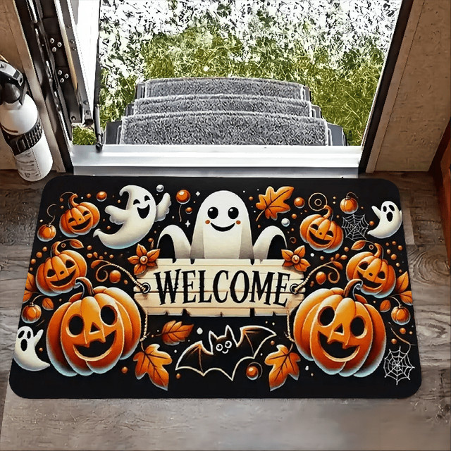 VIKAMA Halloween Teppich mit Geister- und Kürbis-Motiv, wetterfeste Fußmatte für Wohnzimmer oder Outdoor, Mehrfarbig, B/T: 60 x 40 cm - Bild 1