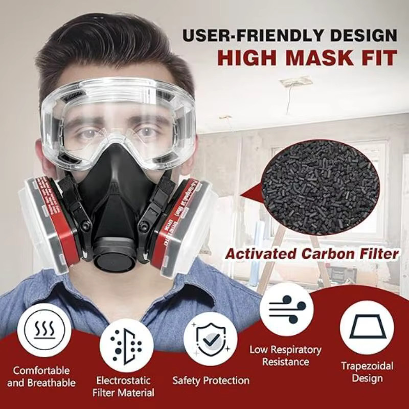 HFYSF Atemschutzmaske 6200 in Schwarz als 7-in-1 oder 16-in-1 Halbmaske mit Gasfilter für organische Dämpfe und chemische Gase zur Arbeitssicherheit - Bild 2