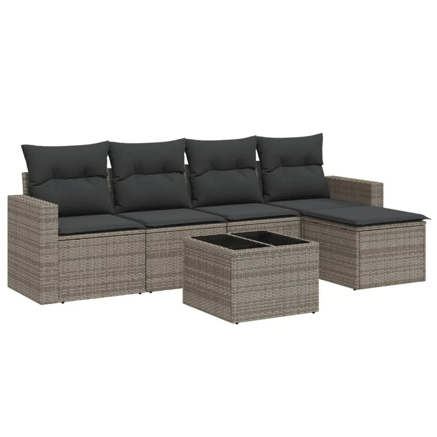 vidaXL 6-teilige Garten-Sofagarnitur aus Polyrattan in Grau mit Kissen und L-Form für Terrasse und Garten - Bild 2