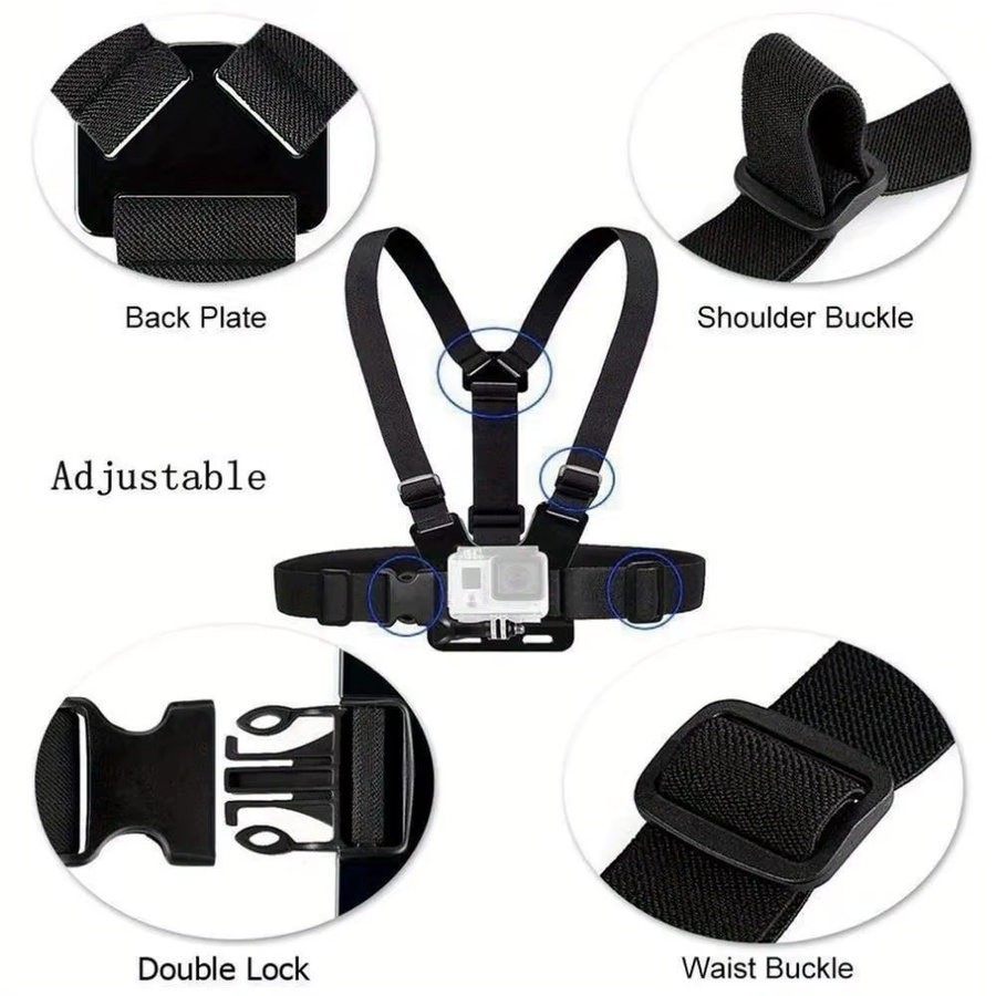 Brustgurt und Kopfband Set für Action Kameras wie GoPro Hero 12 11 10 9 8, Xiaomi Yi 4K und Sjcam Sj4000 in Schwarz mit J-Haken Halterung - Bild 6