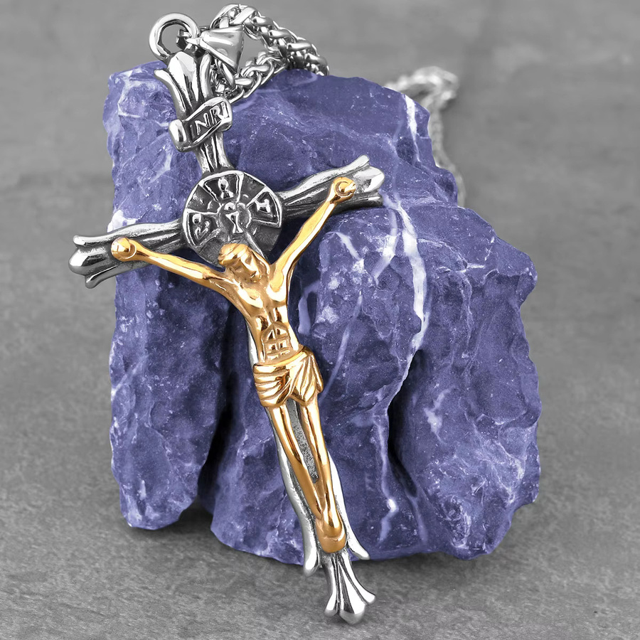 Halskette mit Jesus Kreuz Anhänger, Edelstahl, Gold, Unisex - Bild 1