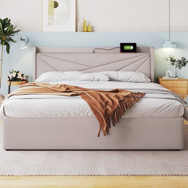 Aosom Doppelbett mit Bettkasten und USB-Ladefunktion in Beige mit Leinenstruktur, B/T/H: 140 x 200 x 146 cm - Bild 1
