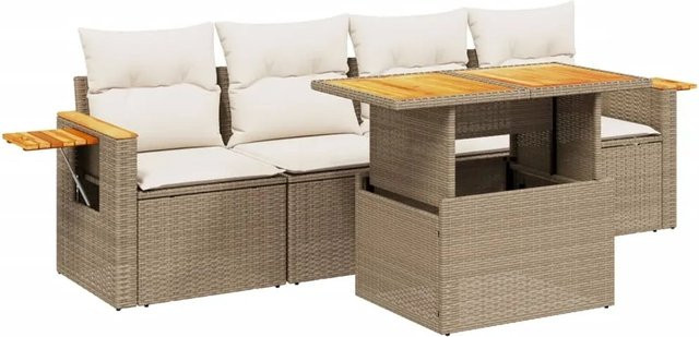 vidaXL 5-tlg Garten-Sofagarnitur aus Poly-Rattan in Beige mit Kissen und Tisch, Modell 202 - Bild 1
