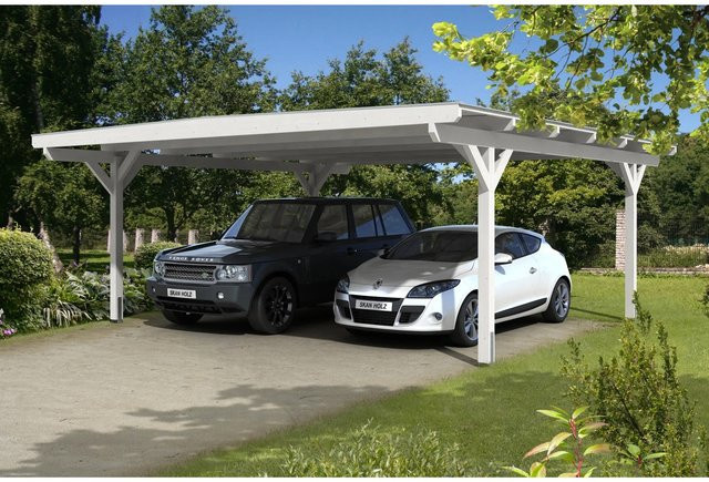 Skan Holz Carport Odenwald aus Fichte in Weiß mit Doppelstegplatten und flacher Dachform, B/T: 640 x 648 cm, Höhe: 244 cm - Bild 1