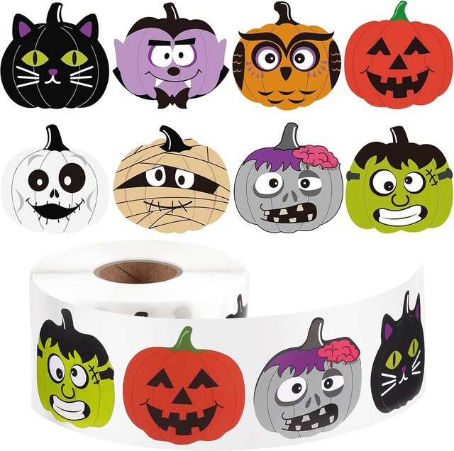 500 Stück TYFYO Halloween-Aufkleber mit 8 Kürbis-Designs, Mehrfarbig, Durchmesser: 3,048 cm - Bild 1
