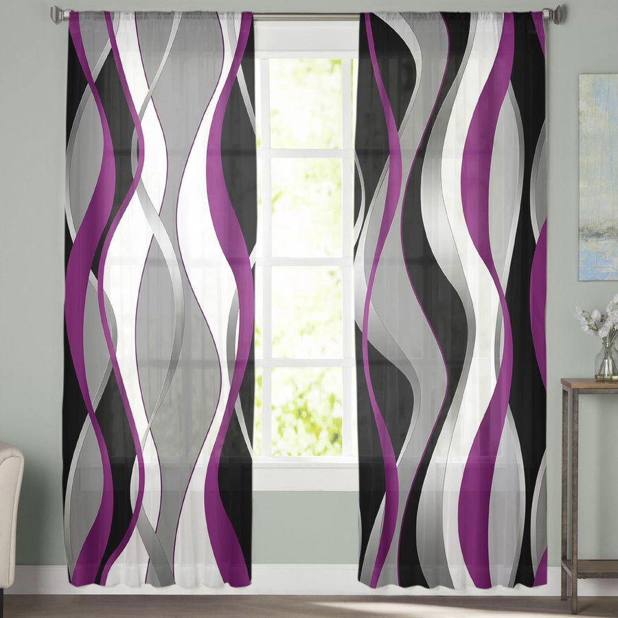 Super Six Voile Gardine mit abstraktem Linien-Design in Lila, transparentes Chiffon-Material, Breite: 135 cm, Höhe: 114 cm - Bild 5