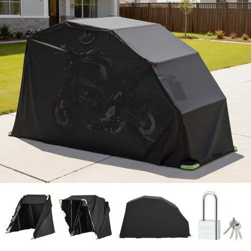 VEVOR Motorrad Zeltgarage Schwarz mit Sicherheitsschloss und Belüftungsfenstern, Allwetter Motorrad Abdeckplane aus 600D Oxford, B/T/H: 346,0 x 137,5 x 190,0 cm - Bild 1