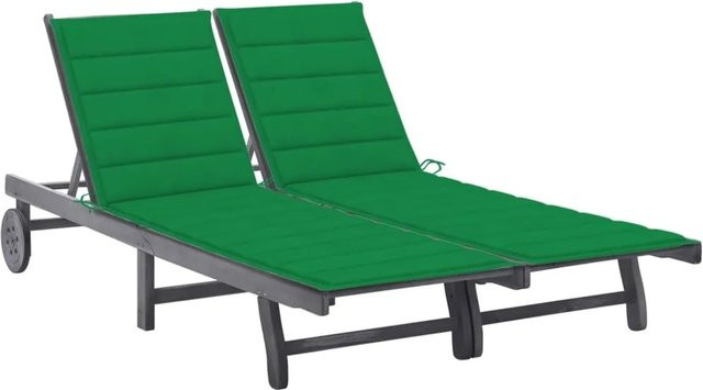 vidaXL 2-Personen-Sonnenliege aus Akazien-Massivholz mit grüner Auflage, Grau - Bild 1