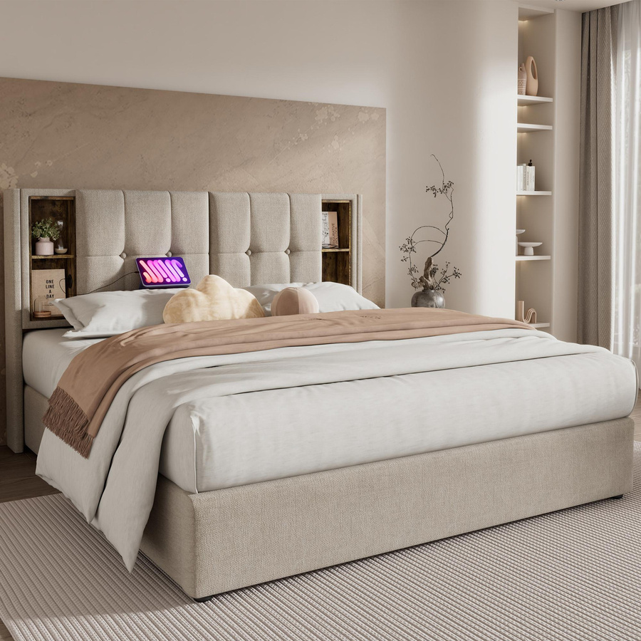 AB Store Polsterbett mit Stauraum und USB-Ladeport in Beige, H x B x T: 100,5 x 206 x 185 cm, für Matratzen 180x200 cm - Bild 2