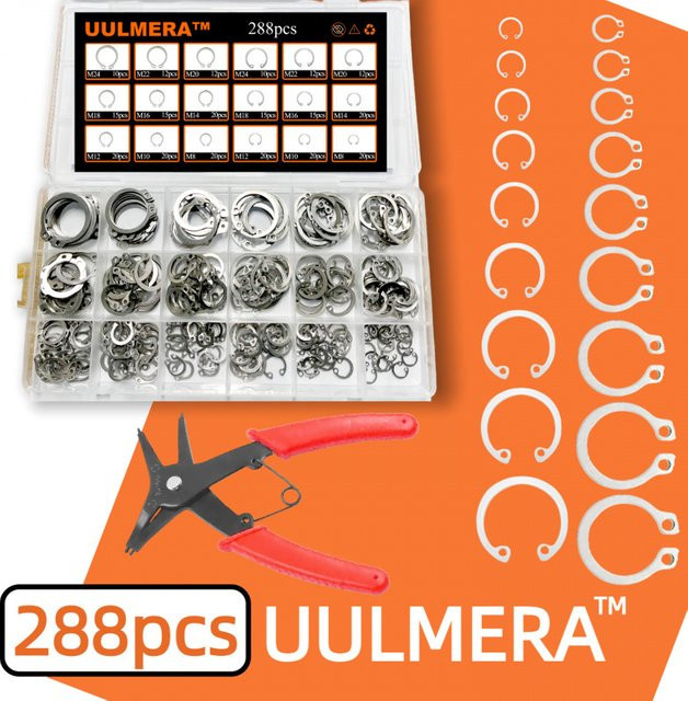 UULMERA 288-teiliges Sicherungsring-Set aus 304 Edelstahl in Silber inklusive Sicherungsringzange für Innen- und Außensicherungsringe und Wellenloch-Sicherungsringe - Bild 1