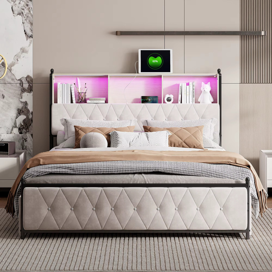 Anajqaqia Polsterbett aus Samt in Beige mit 4 Schubladen, LED-Beleuchtung und USB-Ladefunktion, B/T/H: 140 x 200 cm - Bild 3