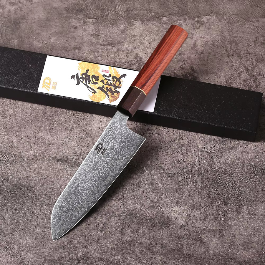 MOSTODOZO Santoku-Messer aus 67-Lagen Damaszener Stahl, 7 Zoll, Silber mit Holzgriff - Bild 3