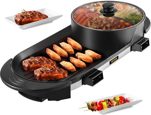 VEVOR 2 in 1 Elektro-Grill und Hot Pot mit Trennwand, Multifunktionaler Teppanyaki Grill mit separater Temperaturregelung für Korean BBQ und Shabu Shabu, Schwarz - Bild 1