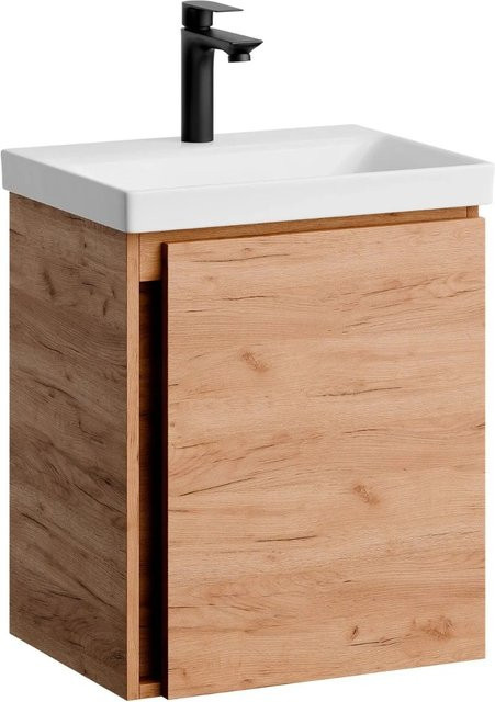Planetmöbel Waschtischunterschrank Gold Eiche mit Keramikwaschbecken und schwarzer Armatur, Wandmontage mit Soft-Close-Funktion, Breite: 50 cm - Bild 1