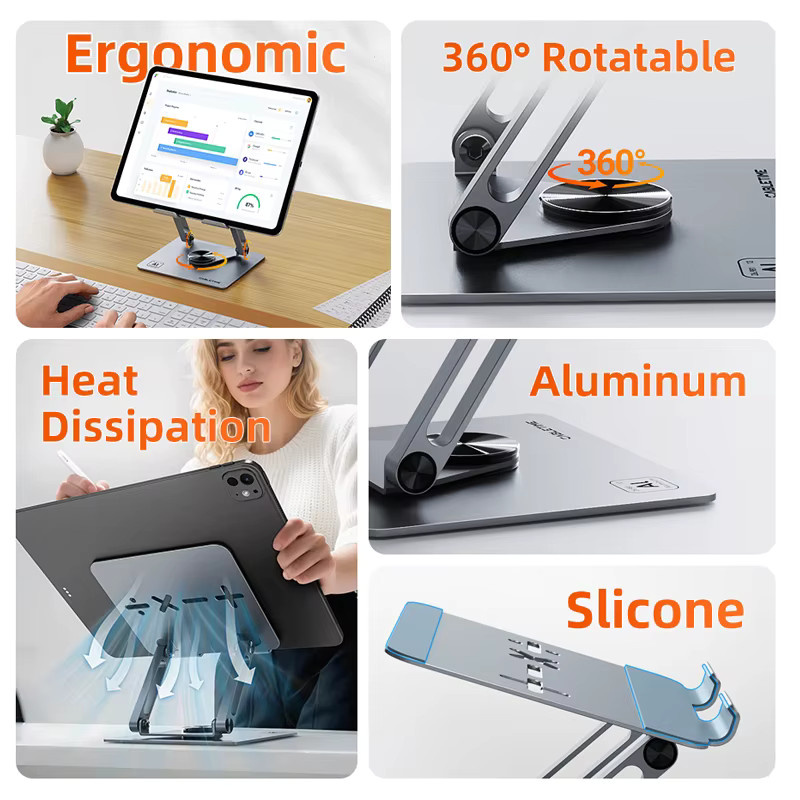 CABLETIME Tablet-Ständer aus Aluminium, 360 Grad rotierbar und faltbar, passend für iPad Pro, Air, Mini (5-14 Zoll) und Nintendo Switch - Bild 2